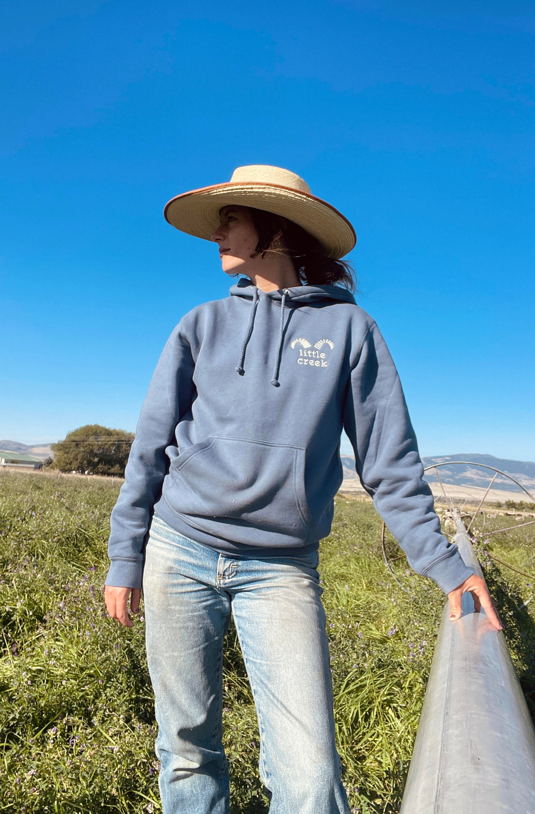 Little Creek embroidered smokey blue hoodie sweatshirt.